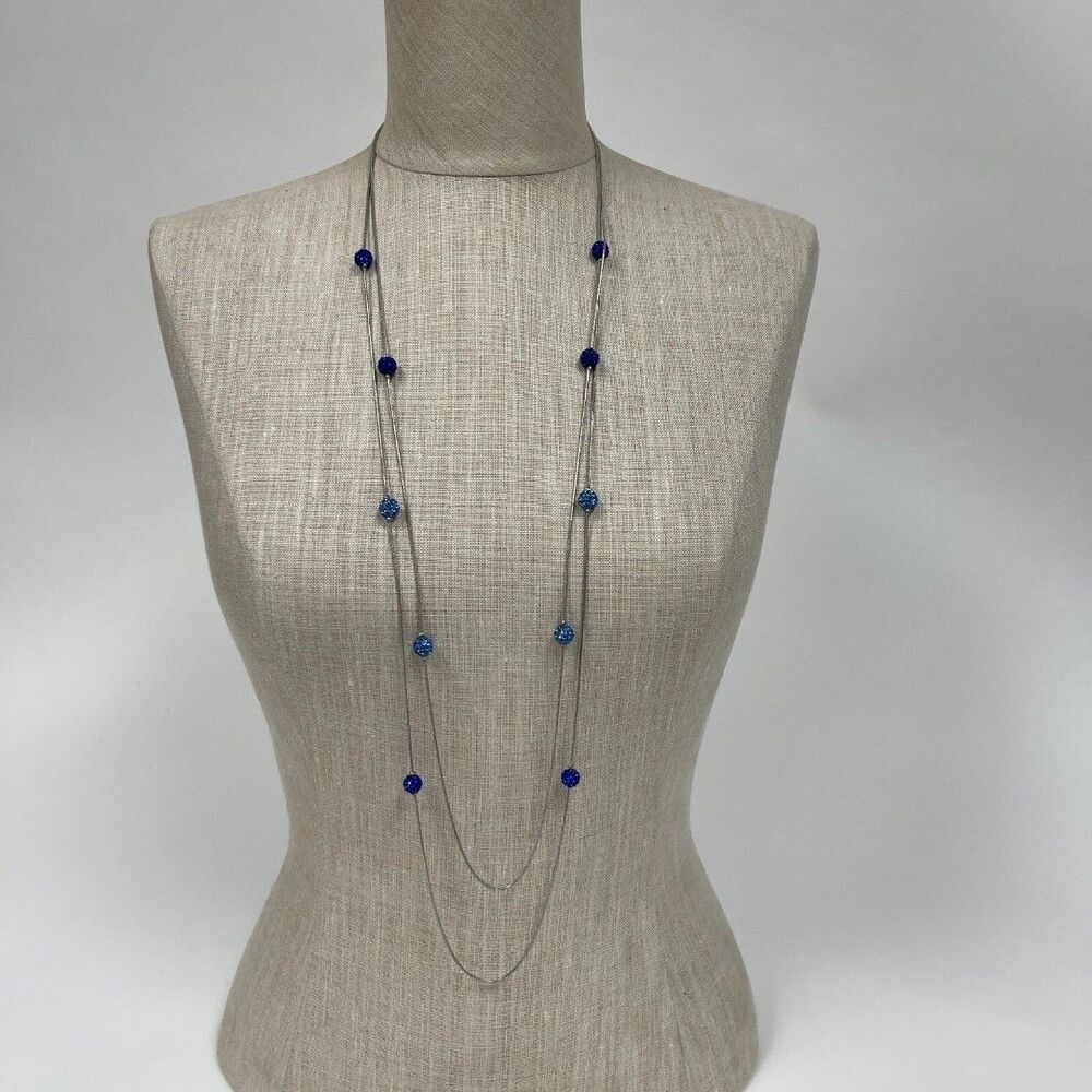 Charming Charlie Silver-tone Chain Blue Rhinestone Pave‎ Balls Necklace